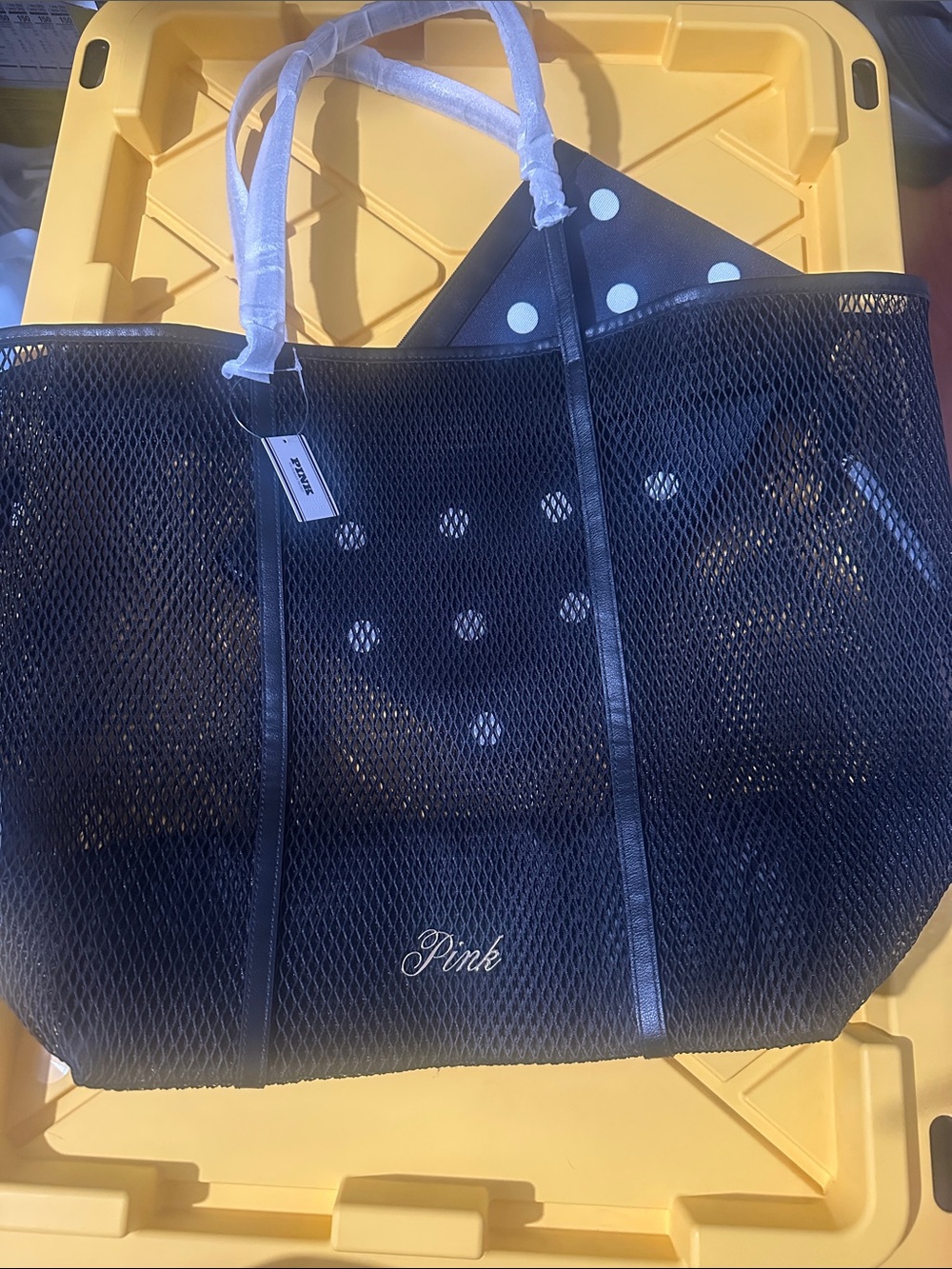 PINK Victoria's Secret Black Mesh Tote with Polka Dot Pouch